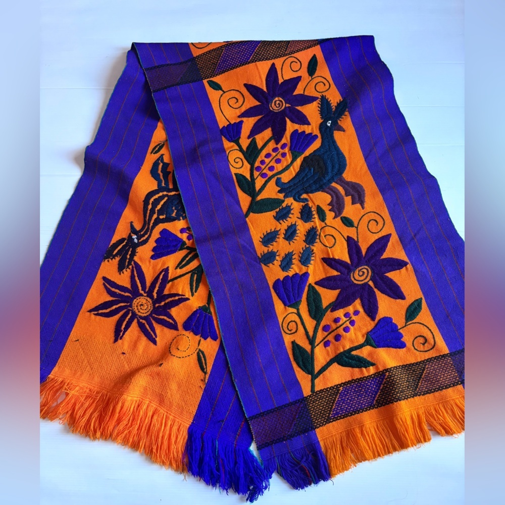 Vintage Embroidered Table Runner Orange Blue Birds Floral 19x66